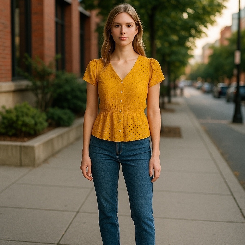 J CREW Women’s Sz 2 Mustard Eyelet Cotton Short Sleeve Button Front Peplum Top